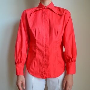vintage 1970s tart red dagger / disco collar button down long sleeve blouse